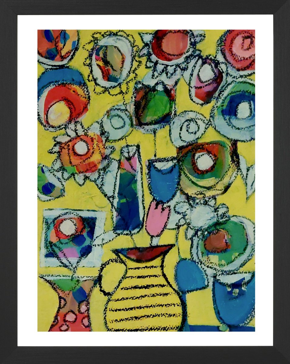 Abstract Botanical Acrylic Painting By Jan Rippingham, 11 X 15, Abstract Floral On Yellow, Original Artwork