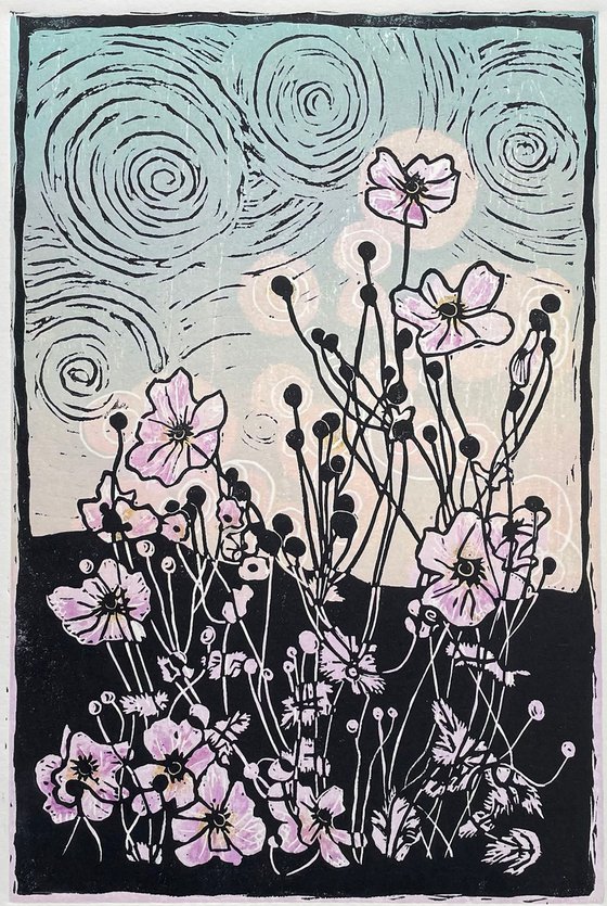 Anemones - Flower Contemporary Linocut Print