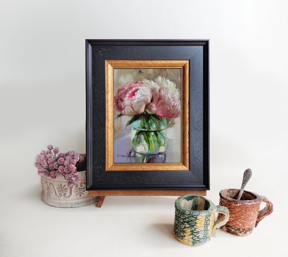 Peony pink floral wall art painting original, Framed peony painting