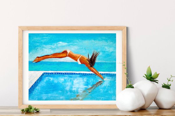 The moment, Pool Painting Original Art Women Figure Painting Swimming Wall Art Sport Artwork