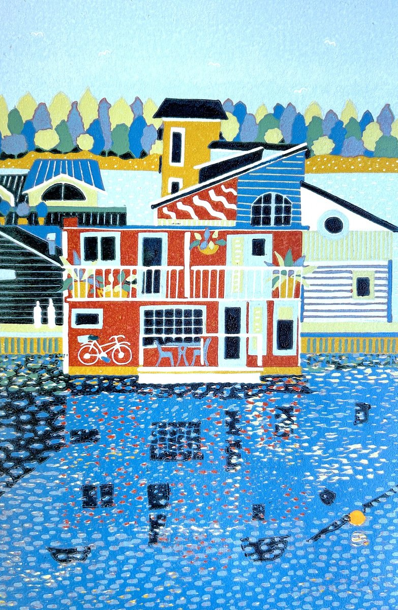 Illustrative Cityscapes Linocut By Nathalie Pymm Art, 8 X 12", Red House On The Water, Original Artwork