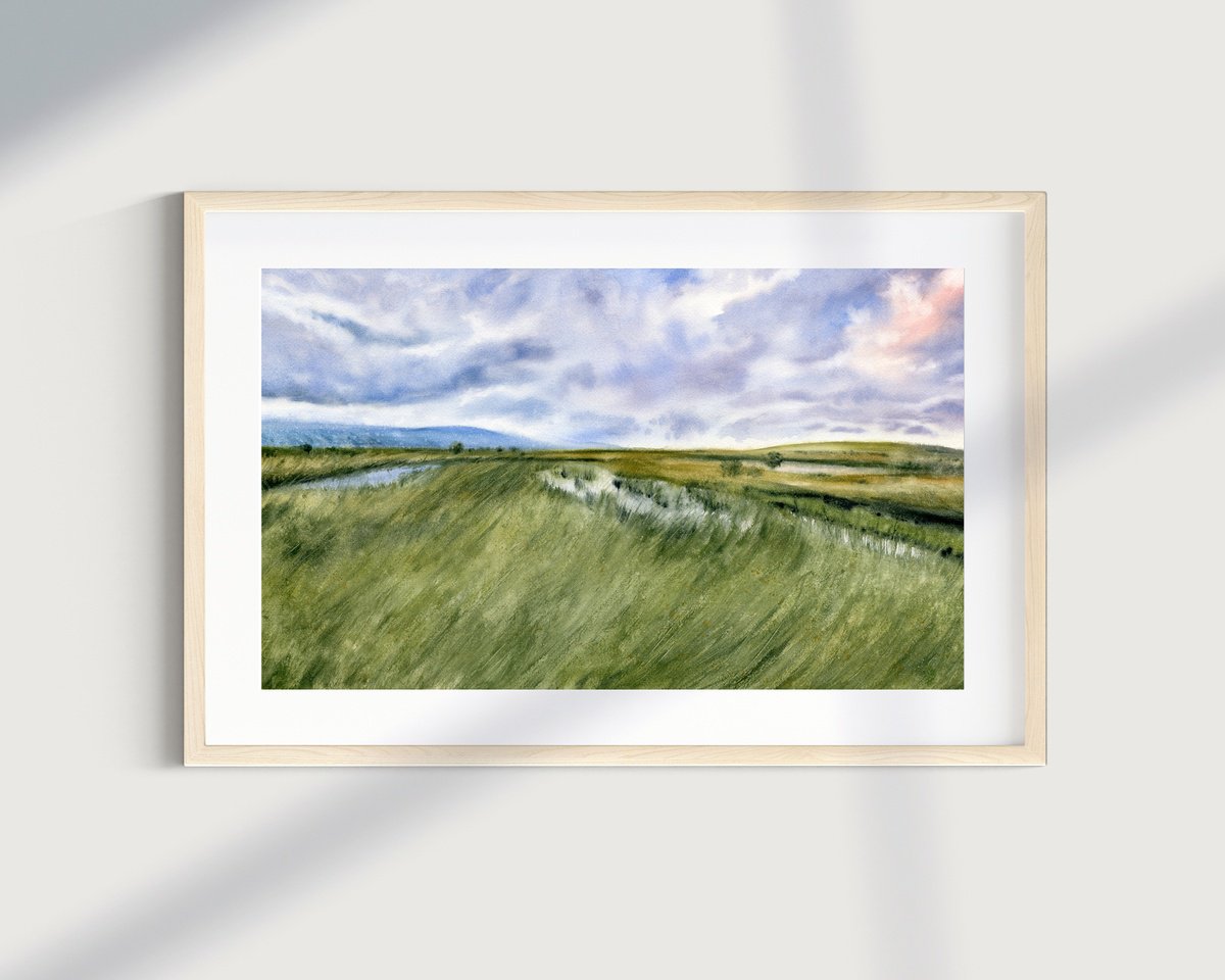 Impressionistic Landscape Watercolour By Tetiana Koda, 22 X 13", Green Field, Original Artwork