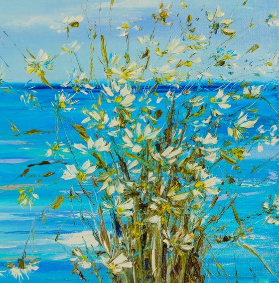 ONE DAY ON THE SEASHORE - Ocean set. Triptych marine story. Seascape 3 pcs. Triple panel. Beautiful flowers. Blue background. Nature. Heat.