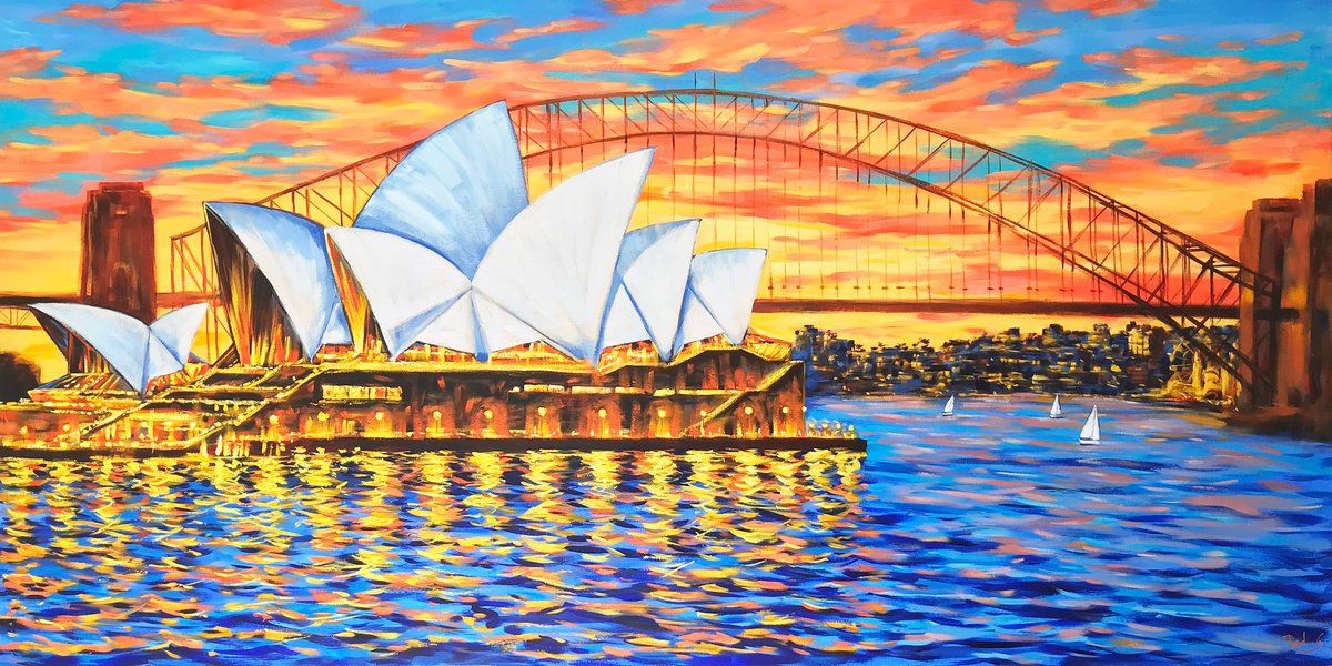 Impressionistic Cityscapes Acrylic Painting By Irina Redine, 72 X 36, Sydney Opera House At Night, Original Artwork