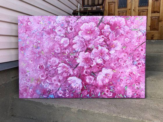 Large abstract flower paintings on canvas, pink blossom artwork, Sakura painting