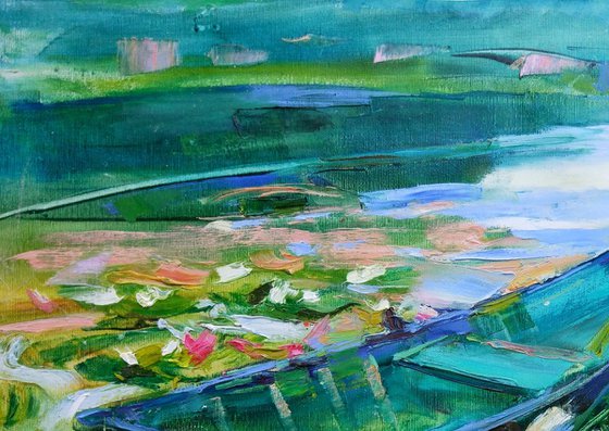 Boats among water lilies | Emerald green | Ukrainian landscape | Original oil painting