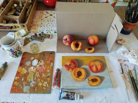 "Ripe Peaches on Table""