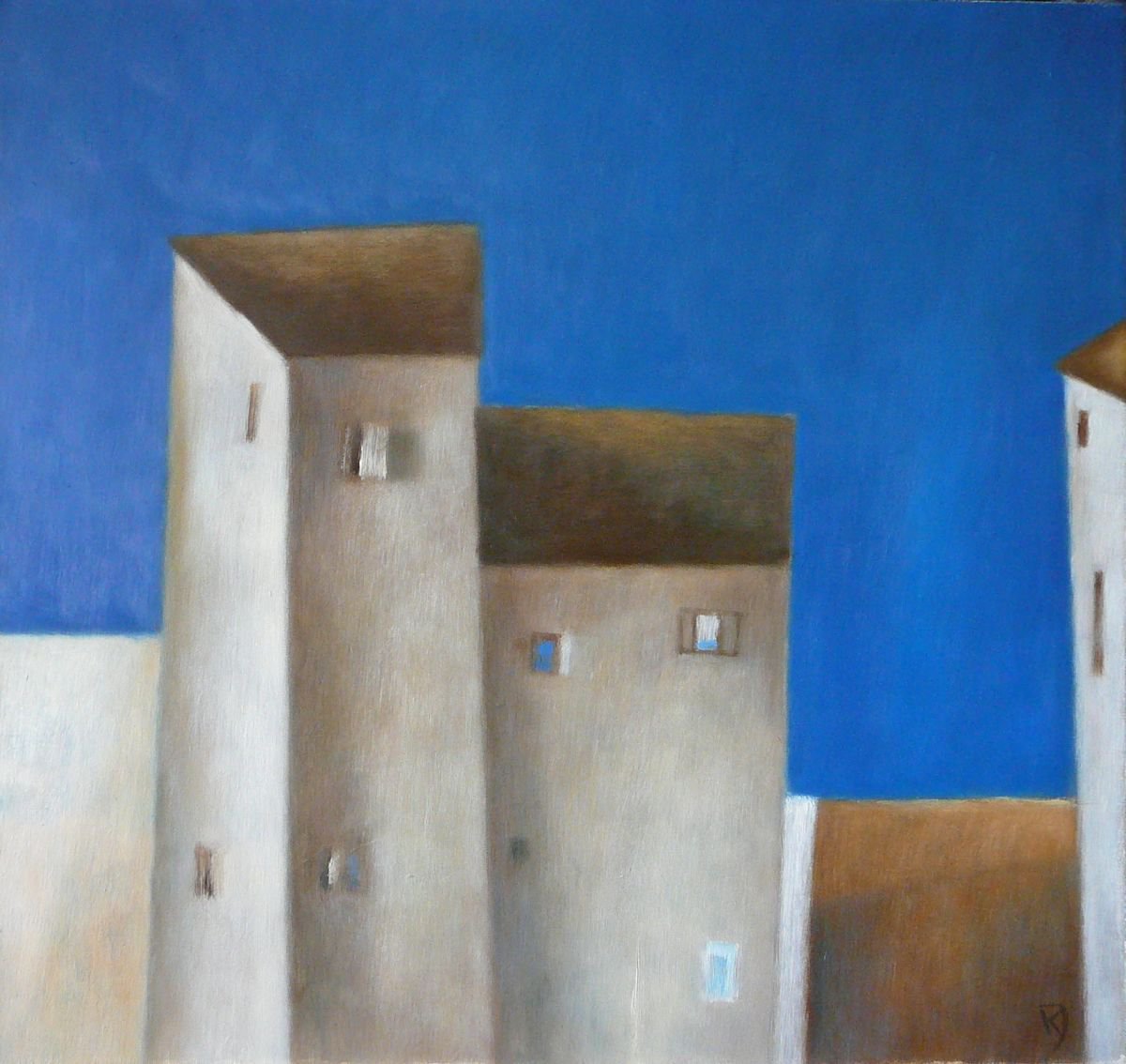 Abstract Cityscapes Painting By Kestutis Jauniskis, 19 X 18", Old City Motif 2, Original Artwork