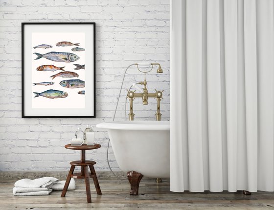 Set of fish - original seafood watercolor paintink and ink graphic