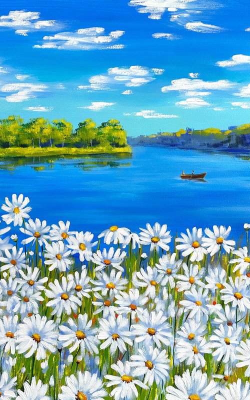 Summer landscape with daisies meadow by Irina Redine
