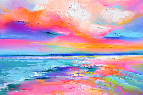 New Horizon 170 - 140x80 cm, Colourful Seascape, Sunset Painting, Impressionistic Colorful Painting, Large Modern Ready to Hang Abstract Landscape, Pink Sunset, Sunrise, Ocean Shore