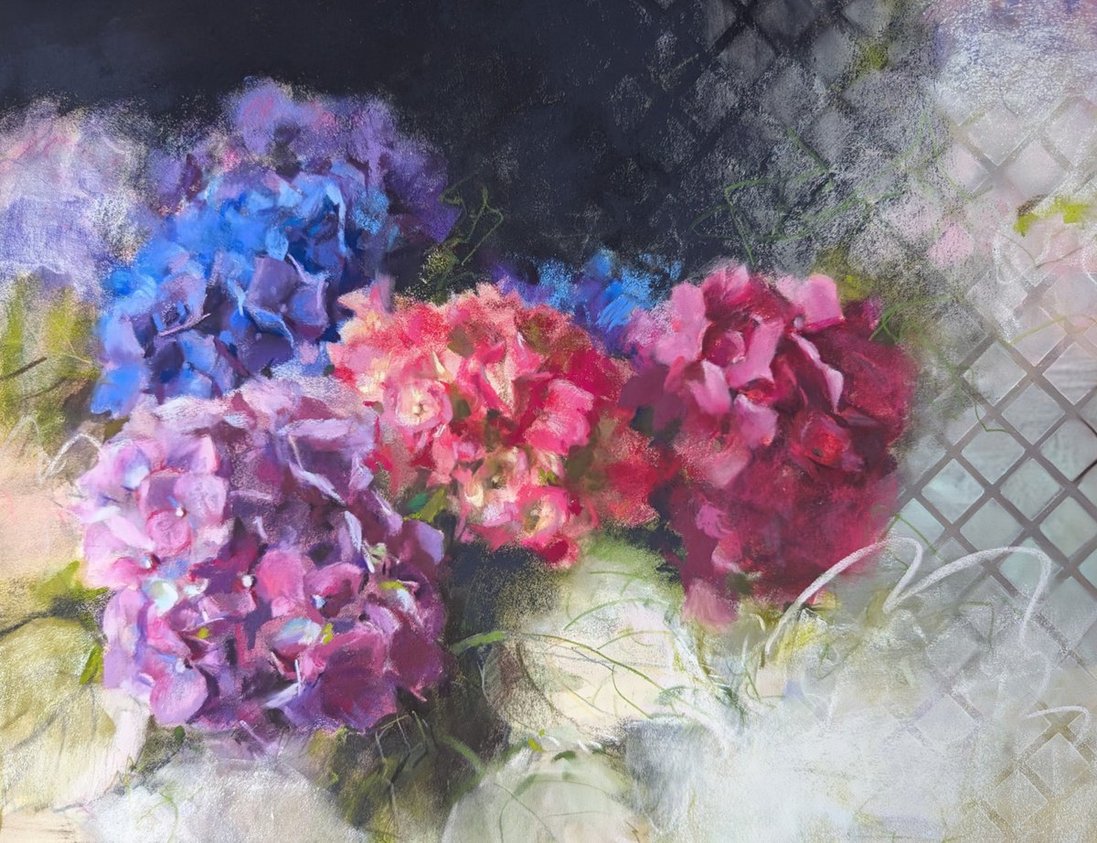 Impressionistic Botanical Pastel Drawing By Silja Salmistu, 16 X 13", Hydrangeas, Original Artwork