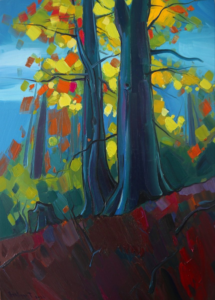 Expressive Landscape Oil Painting By Tigran Avetyan, 20 X 28", Autum Trees, Original Artwork