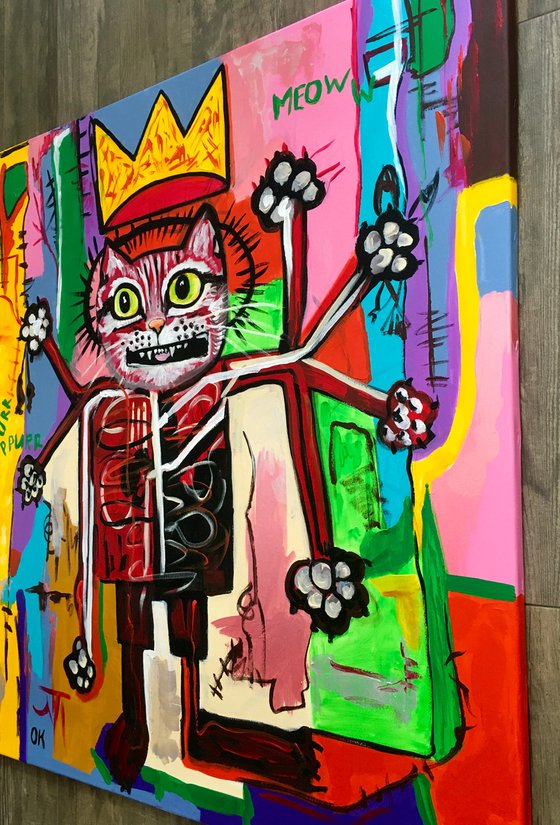 KING TROY the cat, ( 102 x 91 cm, 40 x 36 inches),  multi-armed, multitasking, inspired by Basquiat and Indian culture, solving the problems of the modern rapidly changing world in parallel and seamlessly