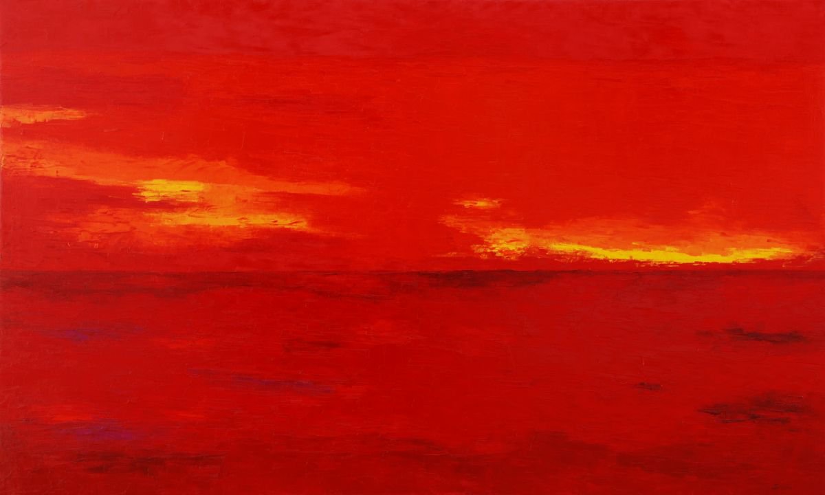 Abstract Landscape Oil Painting By Saroja Van Der Stegen, 37 X 59", Red Sunset (Ref#:1276-80M), Original Artwork