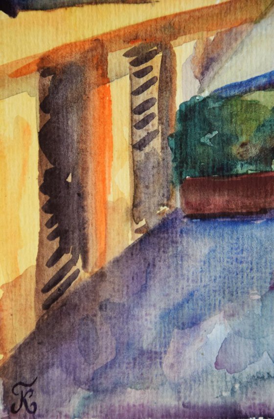 Italy old town original watercolor painting, summer abstract cityscape Europe