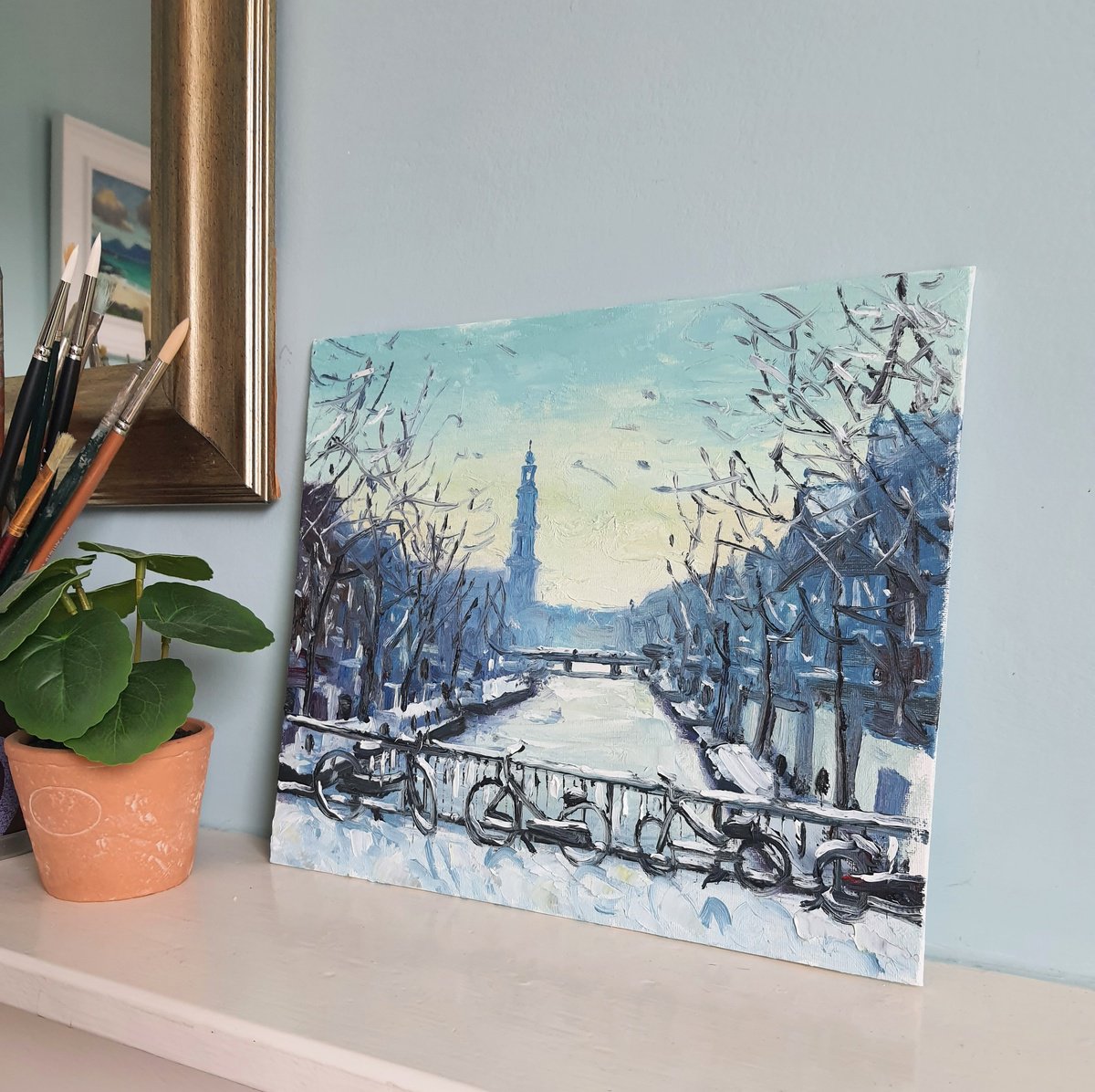 Impressionistic Cityscapes Oil Painting By Roberto Ponte, 12 X 10", Amsterdam Canals Winter, Original Artwork