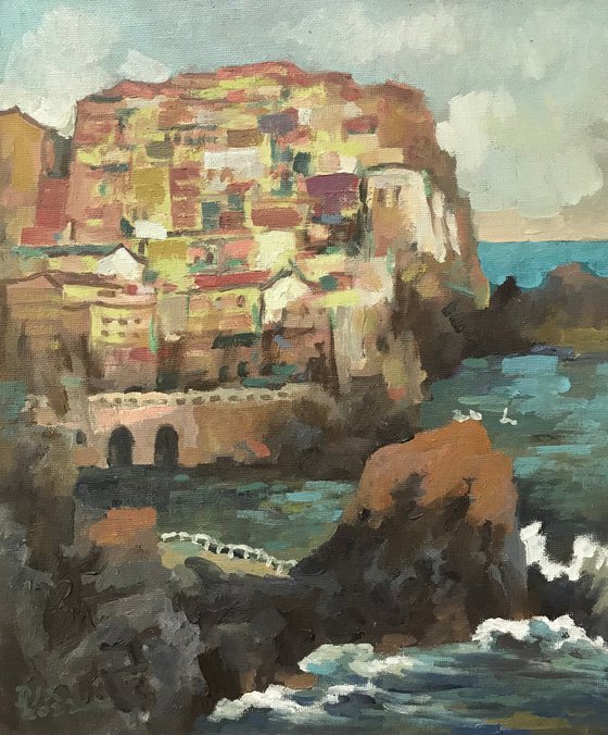 Original Oil Painting Wall Art Artwork Signed Hand Made Jixiang Dong Canvas 25cm × 30cm Manarola Italy small building Impressionism