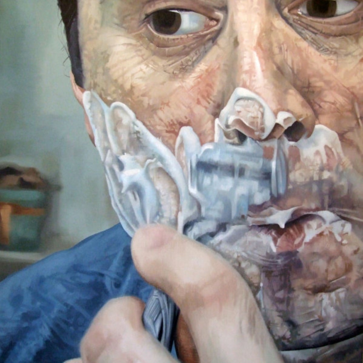 Photorealistic Portrait Oil Painting By Andrew Newton, 31 X 31, Morning Shave, Original Artwork