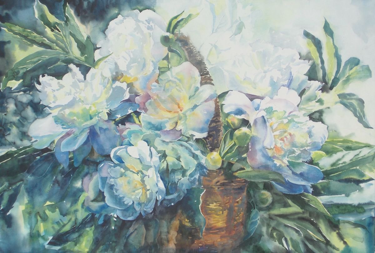 Impressionistic Watercolour , Bouquet Of White Peonies By Yurii Pashkov, 36 X 25, Artwork For Sale On Artfinder