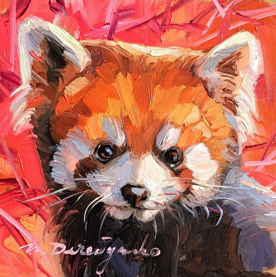 Red panda painting 4x4 in frame, Wild animal oil painting mini gift for friend