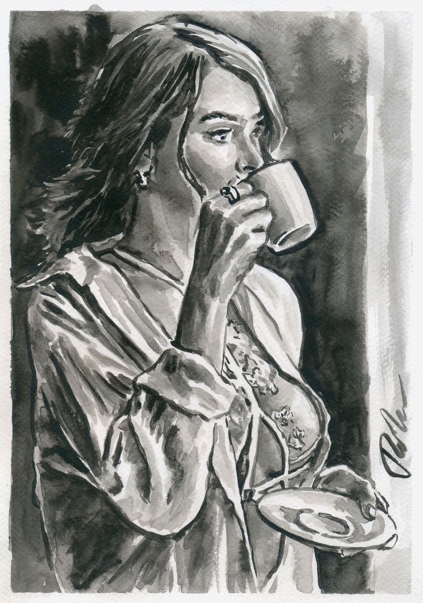 Urban And Pop Portrait Ink Drawing By Tashe, 8 X 12", Coffee And Reflection, Original Artwork