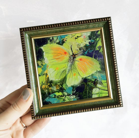 Butterfly oil painting original small art gold frame, Brimstone butterfly yellow painting green background Gifts for women
