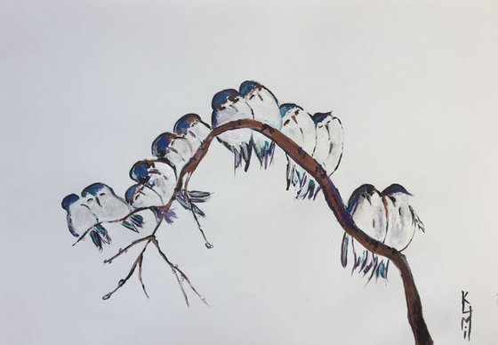 Keeping Warm Birds Painting Cute Birds Portrait Birds on Tree Branch Gift Ideas Acrylic Painting Home Decor Wall Art 11.7"x16.5"