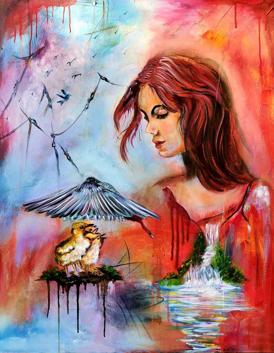 Surrealistic Portrait Oil Painting By Niyati Jiwani, 26 X 32", The Guardian Angel, Original Artwork