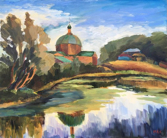 AT THE VILLAGE EDGE - impressive landscape oil painting with a pond and a wooden church housewarming gift idea home decor