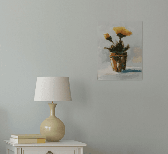 Modern still life oil painting. Flowers in vase
