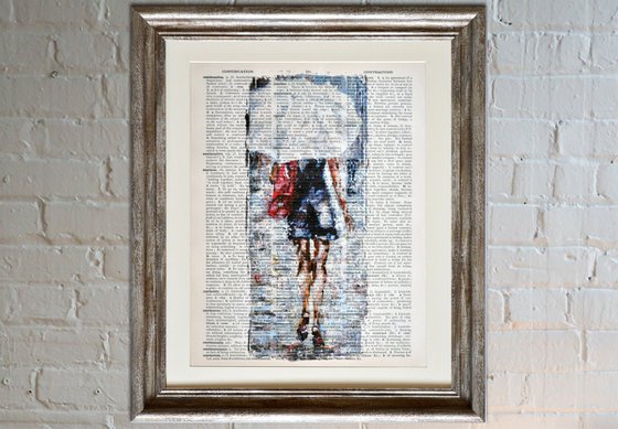 White Umbrella - Collage Art on Large Real English Dictionary Vintage Book Page