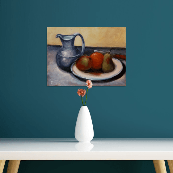 Still life with pewter jug and fruit