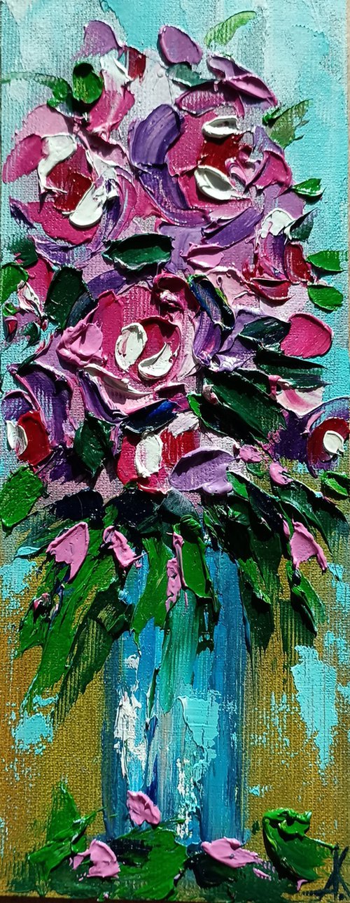 Small roses -  small bouquet, rose, small painting, bouquet, flowers oil painting, oil painting, flowers, postcard, gift idea, gift by Anastasia Kozorez
