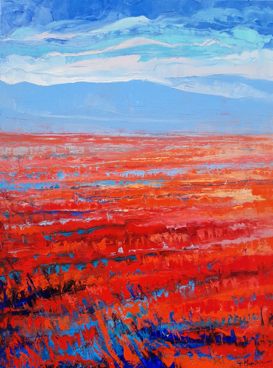 Impressionistic Landscape Oil Painting By Tigran Mamikonyan, 23 X 31", Red Field, Original Artwork