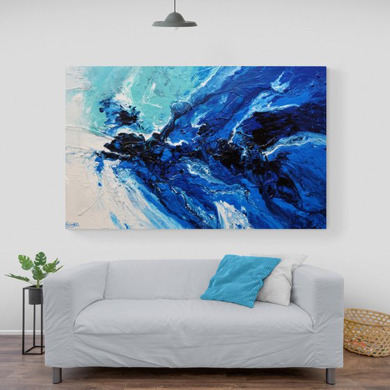 Wild Blue 160cm x 100cm Blue Aqua White Textured Abstract Art