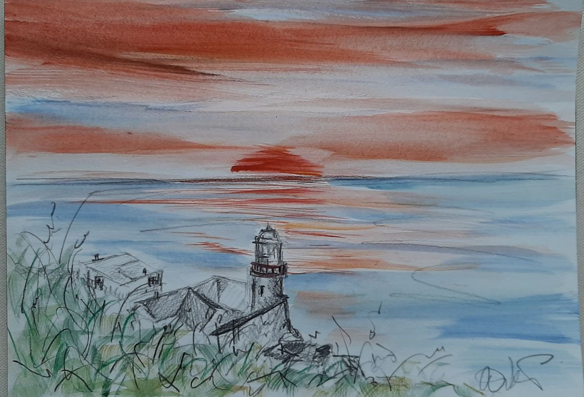 Sunrise over Wicklow Lighthouse - a pencil and watercolour by Niki Purcell - Irish Landscape Painting