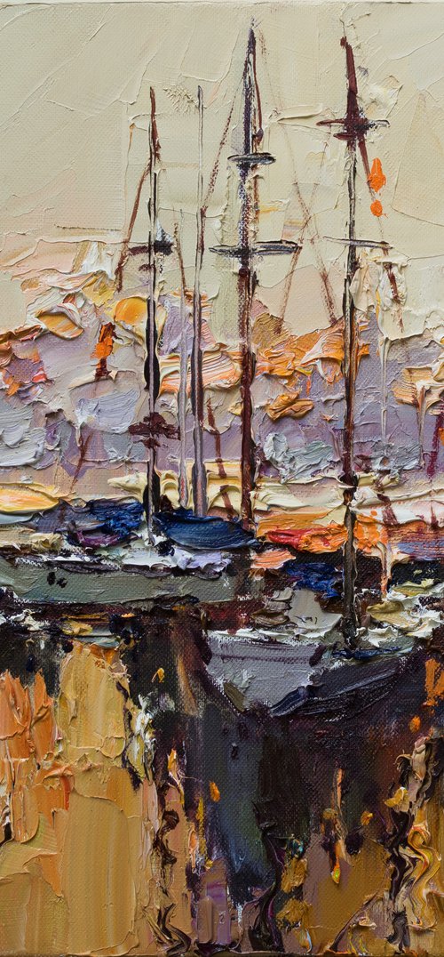 Sailing yachts at berth  Original seascape painting by Anastasiia Valiulina