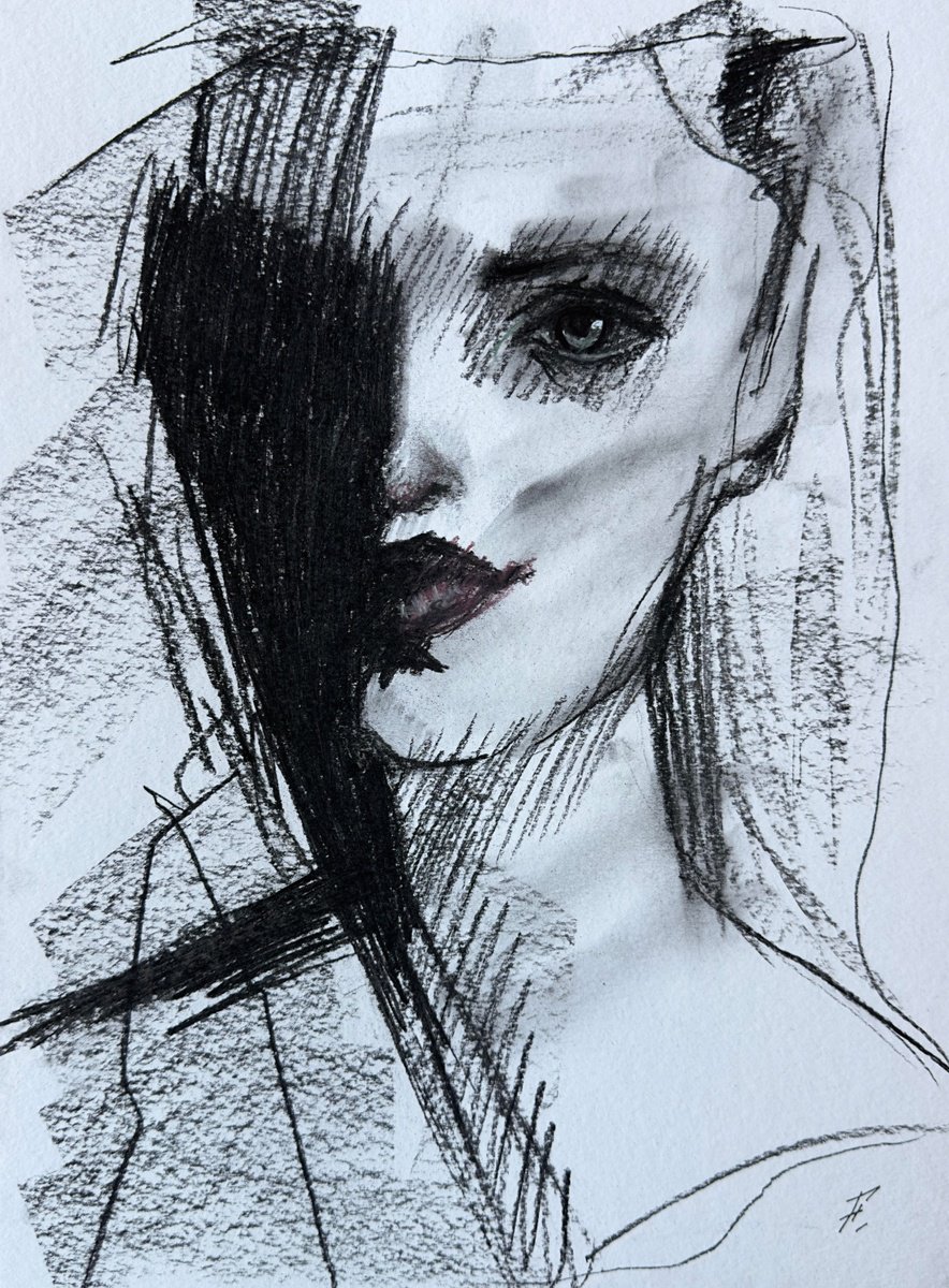 Expressive Portrait Charcoal Drawing By Nikola Gulev, 12 X 17", "Shadowed Elegance", Original Artwork