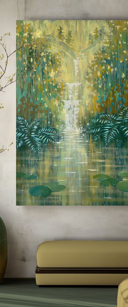 Sparkling Waterfall by an Emerald Forest Pond by Ekaterina Prisich