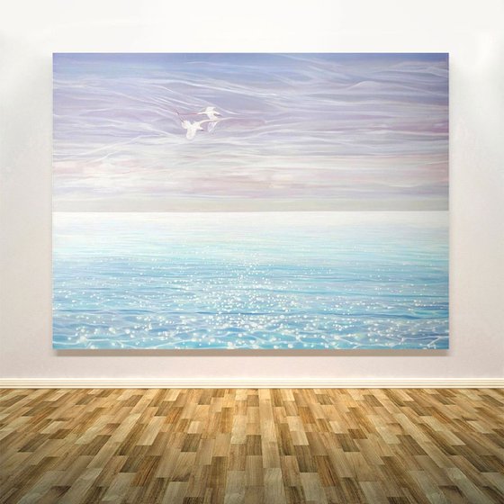 White Birds Blue Sea - large seascape oil painting