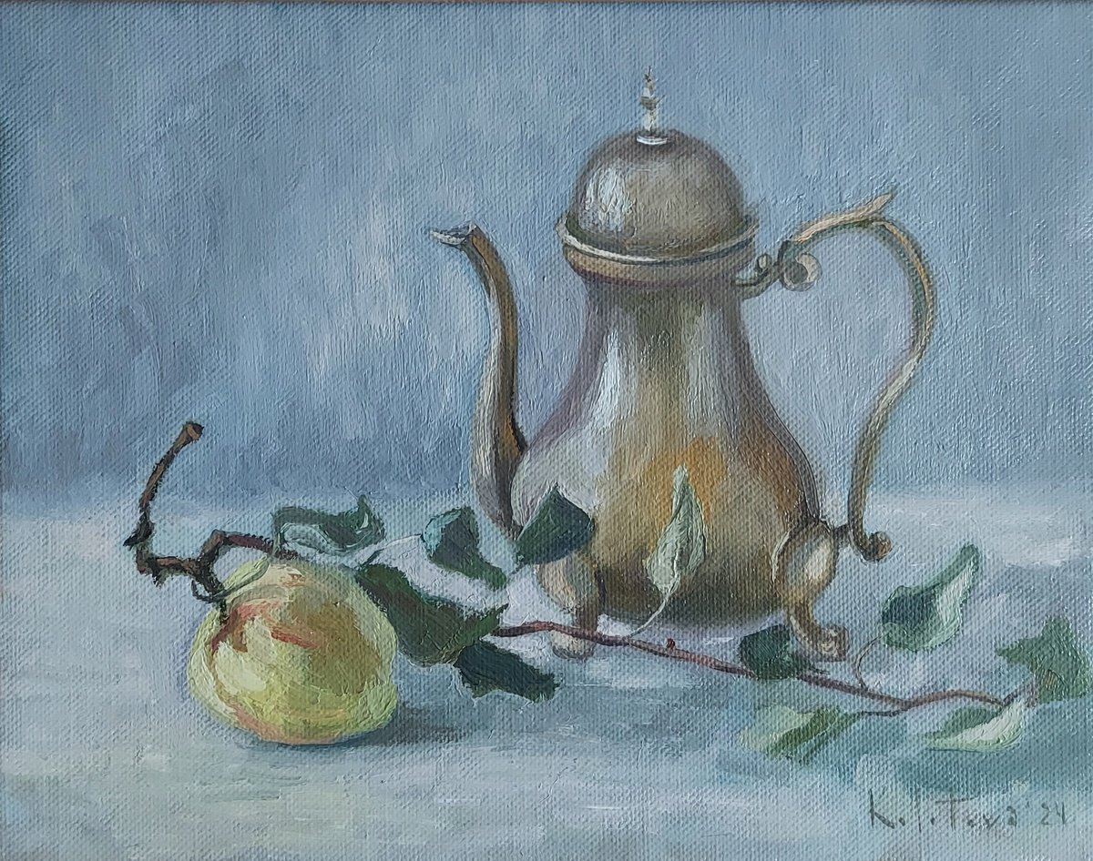Impressionistic Still Life Oil Painting By Olena Kolotova, 16 X 12", "Teapot With An Apple", Original Artwork