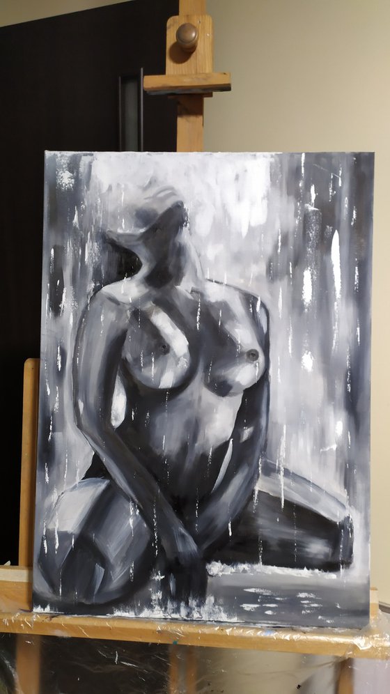 Under the rain, nude erotic oil painting, original art, Gestural, Gift idea