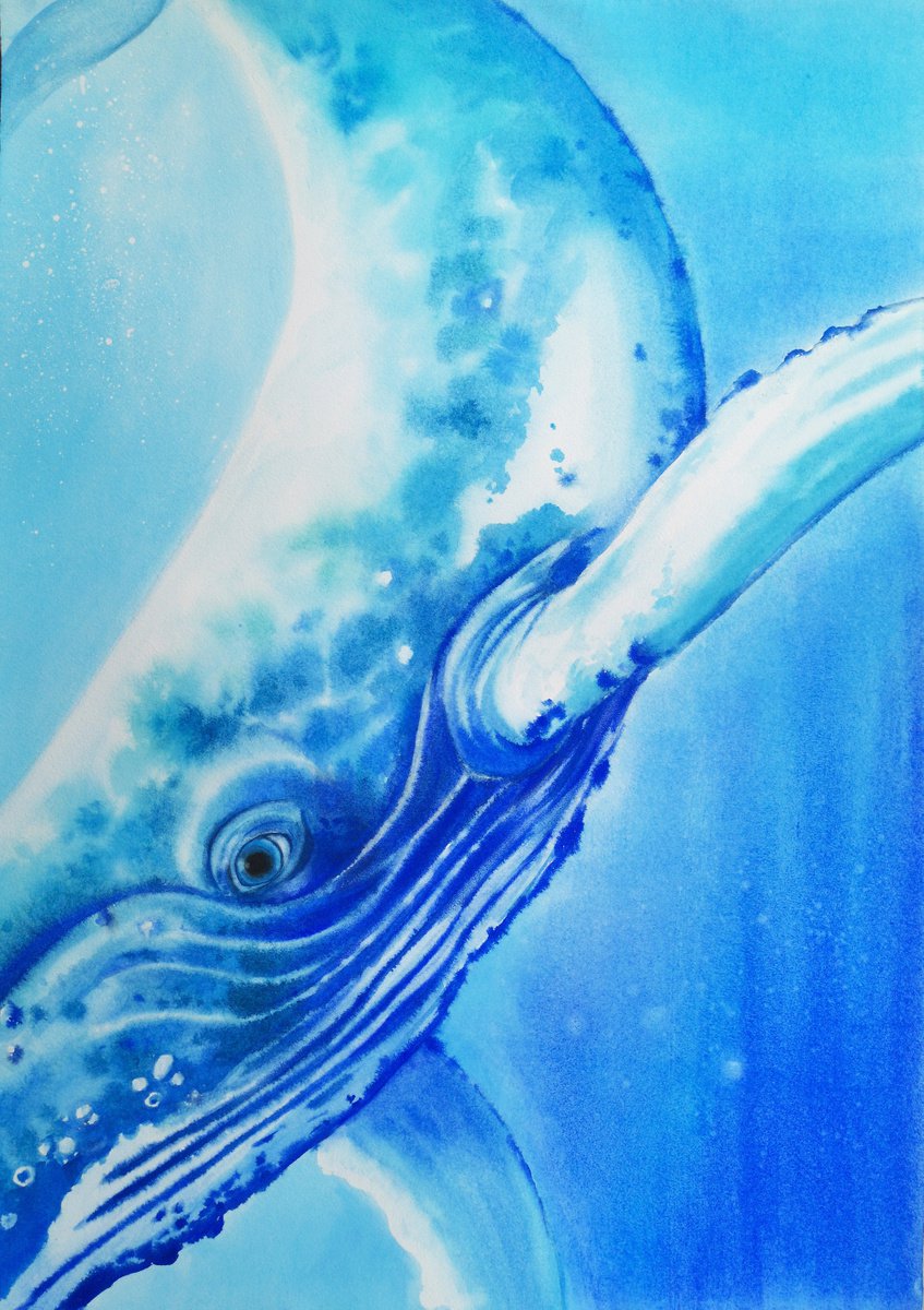 The Eye of the Whale - Whale in ocean by Olga Beliaeva Watercolour