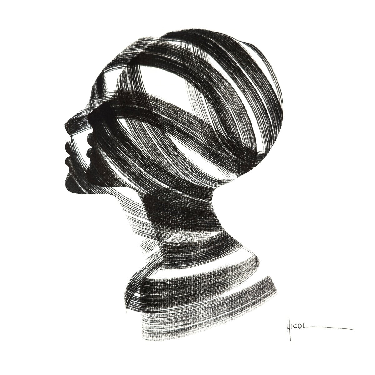 Expressive Portrait Ink Drawing By Nicol Vacaru, 11 X 11", Within The Trace, Original Artwork