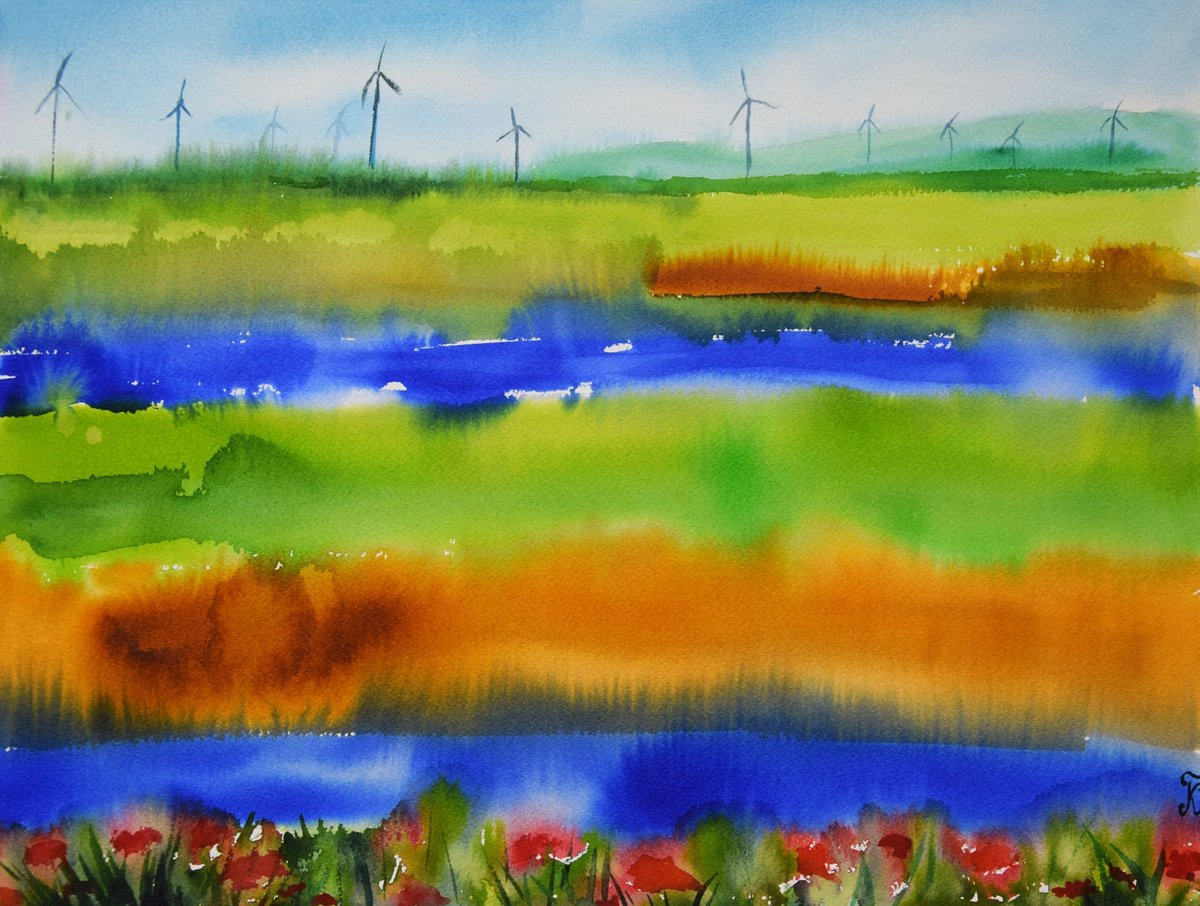 Landscape Watercolor Painting, Abstract Field Original Wall Art, Austrian Countryside Artw... by Kate Grishakova