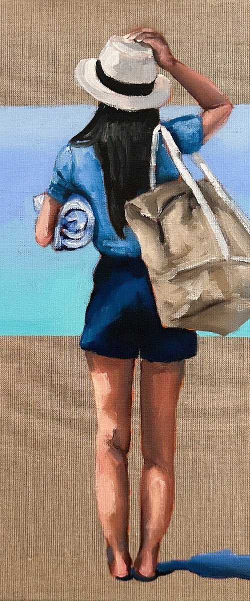 To the Beach - Woman Painting on Linen Canvas by Daria Gerasimova
