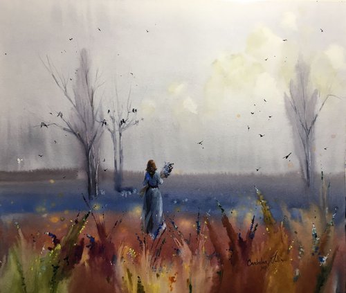 Watercolor "Twilight. Returning” gift for her by Iulia Carchelan