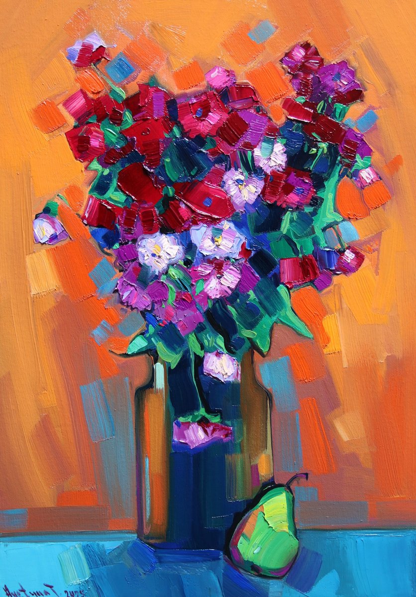 Impressionistic Still Life Oil Painting By Tigran Avetyan, 14 X 20", Flowers, Original Artwork