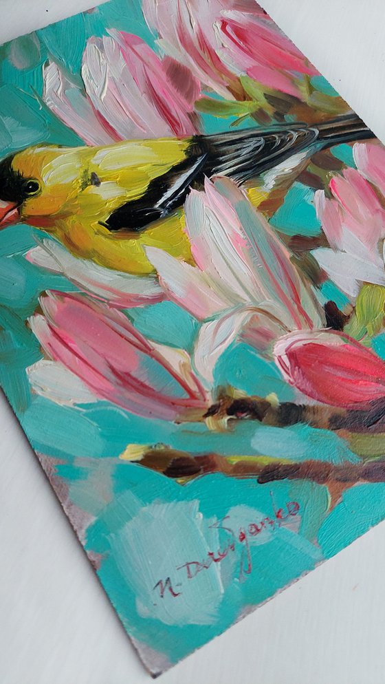 American goldfinch painting original oil art in frame 7x5, Yellow bird on branch magnolia pink flowers art